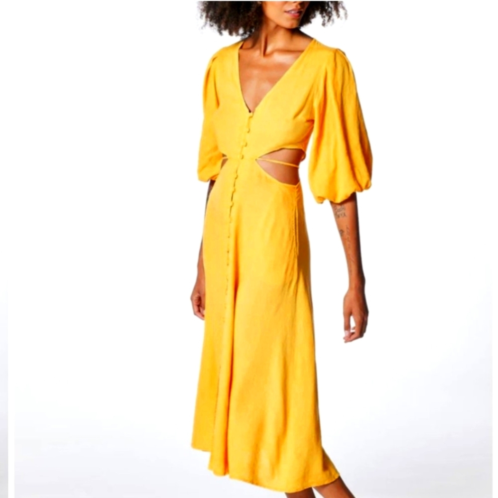 YFB Dress High Tea Linen Yellow/Orange Cut Out Midi 3/4 Puff Sleeves Size S